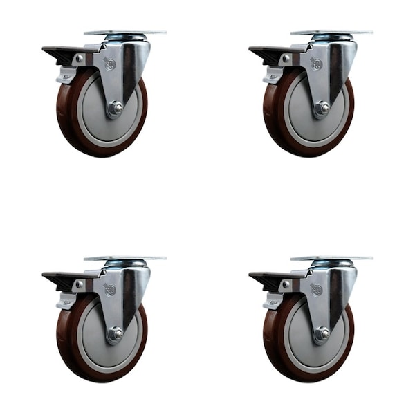 5'' Maroon Poly Wheel Swivel Top Plate Caster Set with Posi Brake, 4PK